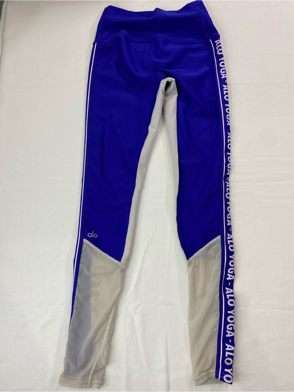 ALO Yoga cobalt blue & light gray performance leggings with side logo
